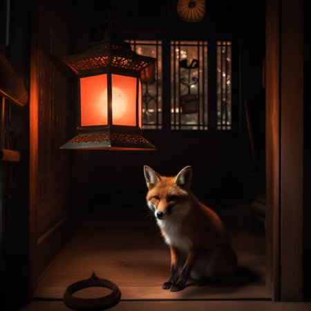 Red fox in a dark room with a lamp in the background.の素材