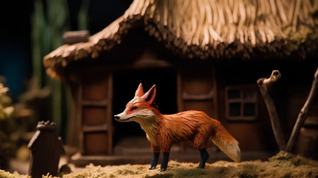 Miniature figure of a fox in front of a traditional wooden houseの素材