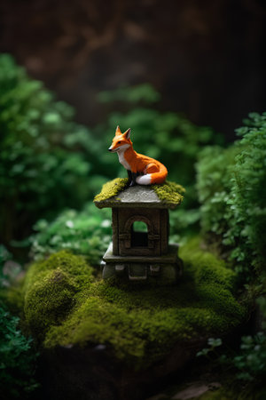 Little wooden house with fox on green moss. Selective focus.の素材