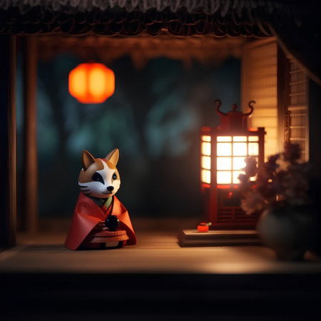 Shiba inu doll in chinese traditional costume at night.の素材