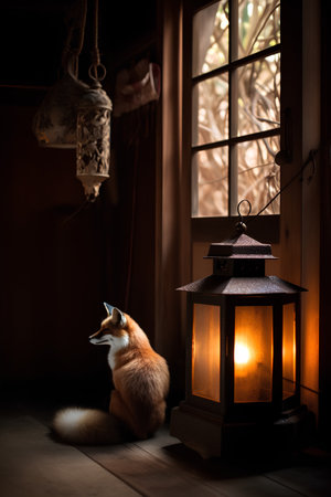 Red fox sitting in front of a lamp in a Japanese house.の素材