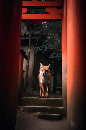 Red fox standing on the steps of the Japanese temple in Kyoto, Japanの素材