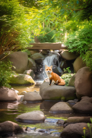 Red fox sitting on a rock in a garden with a waterfall in the backgroundの素材