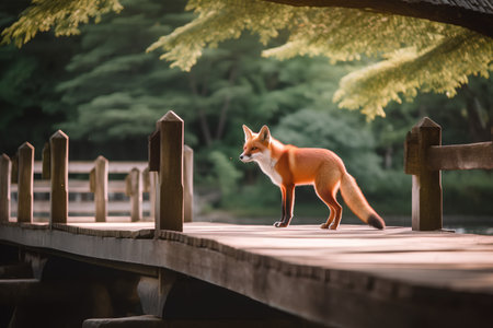 Red fox standing on wooden bridge in the park, vintage tone.の素材