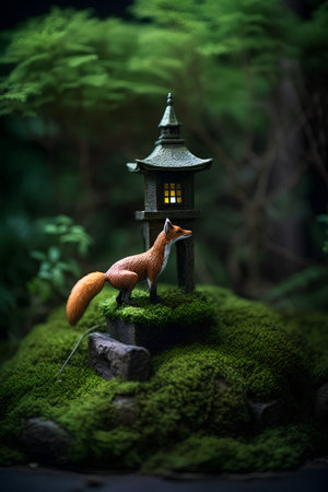 Red fox figurine and Japanese lantern on green moss background. Selective focus.の素材