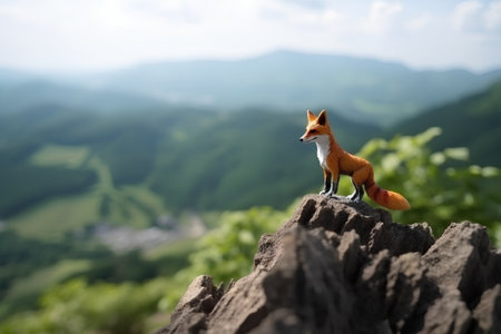 Red fox on the top of a mountain in the background of green forestの素材