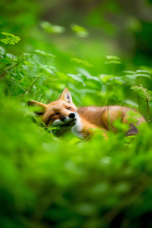 Red fox lying in the grass. Wild animal in the forest.の素材