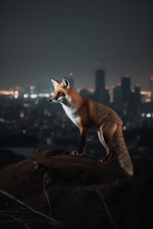 Red fox standing on top of a hill over the city at nightの素材