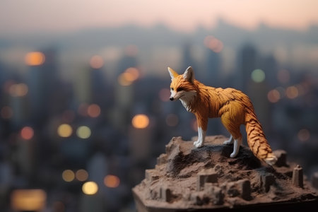 Figurine of a fox standing on top of a building with a city in the backgroundの素材