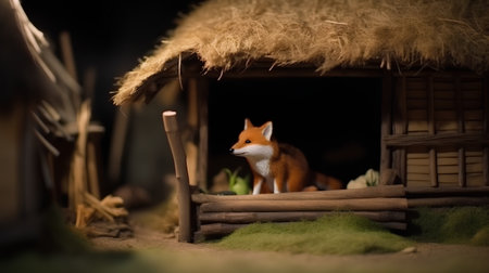 Red fox in a wooden hut in the middle of the forest.の素材