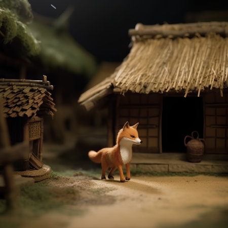 Little red fox standing in front of a small house at night.の素材