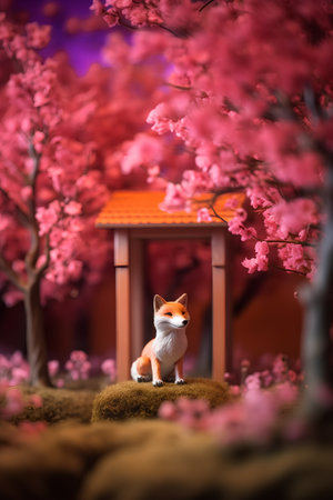 Cute little dog with sakura background. Japanese style. Selective focus.の素材