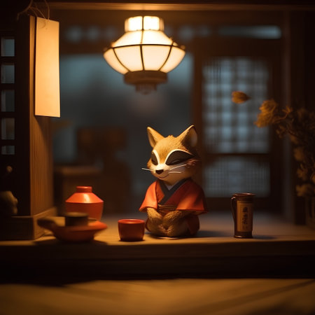 Cute little fox doll in the room at night with lanternsの素材