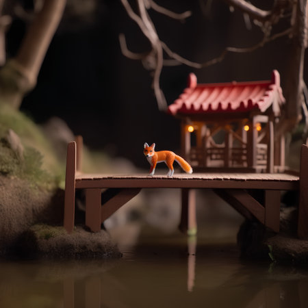 Miniature of a red fox sitting on a wooden bench at nightの素材