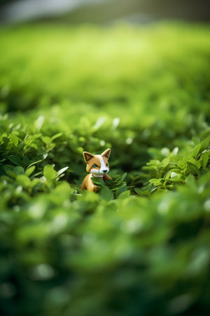 Cute little dog on green leaves background. Selective focus.の素材