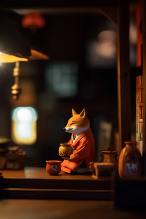 A closeup shot of a small fox figurine in a restaurantの素材