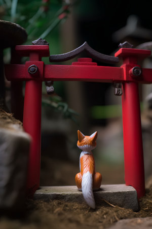Red Japanese gate with fox figurine in the garden, selective focusの素材