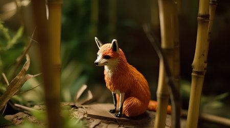 Red fox in the garden, closeup of a plastic figurineの素材