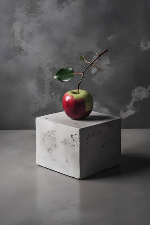 Red apple with green leaf on white cube. 3D rendering.の素材