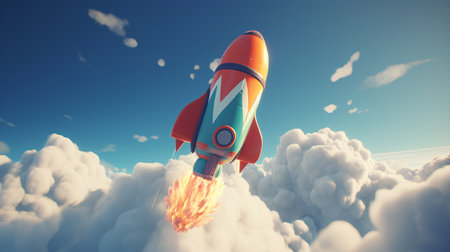 Rocket flying high in the sky. 3d illustration. Retro style.の素材