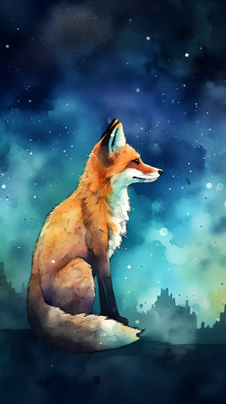 Watercolor painting of a red fox sitting on the background of the night city.の素材
