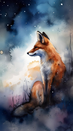 Watercolor painting of a red fox in the night forest. Digital painting.の素材