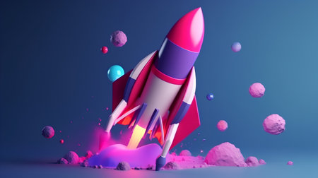 Rocket in space with planets and stars. 3d rendering. Illustration.の素材