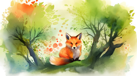 Watercolor red fox in the forest. Hand-drawn illustration.の素材