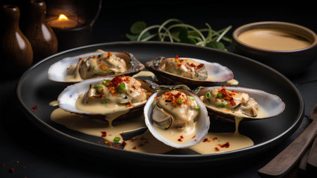 Baked mussels with butter and spices on a black background.の素材
