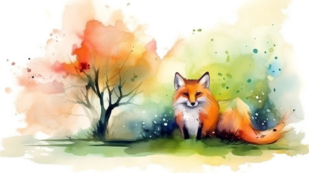 Watercolor illustration of a fox on a background of autumn forest.の素材