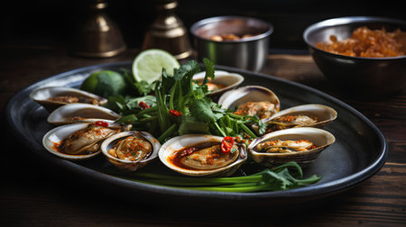 Fried clams with coriander and chili sauce on wooden backgroundの素材