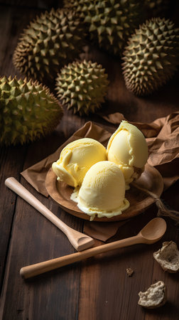 Close up of fresh durian ice cream on wooden table background.の素材