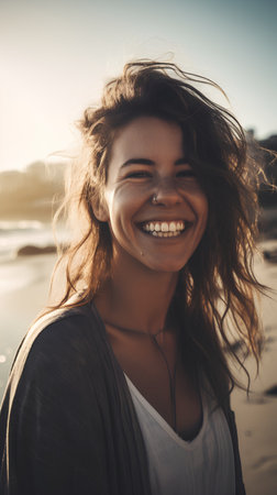 Portrait of a smiling young woman on the beach at sunset.の素材
