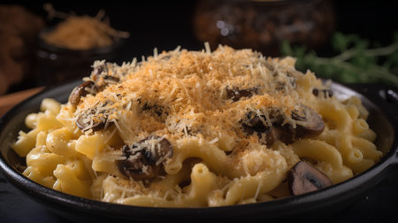 Pasta with mushrooms and grated cheese on a black background.の素材