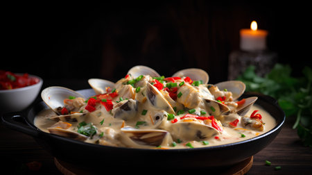Clams in cream sauce with parsley and chili pepper.の素材