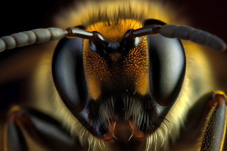 Macro shot of a bee's head. Isolated on black background.の素材