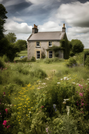 An old house in the middle of a field with wildflowersの素材