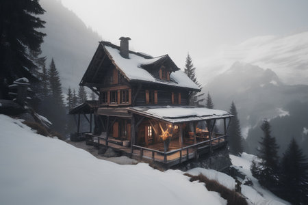 Wooden cottage in the mountains. Beautiful winter landscape. Christmas background.の素材