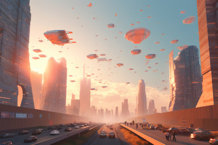 Futuristic city with high-rise buildings and skyscrapersの素材