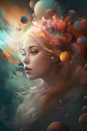 3d rendering of a beautiful girl surrounded by planets in space.の素材