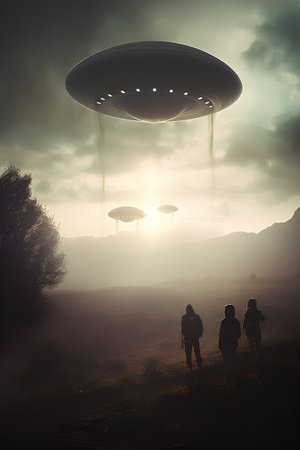 Unidentified flying saucer abducts a group of people. 3D renderingの素材