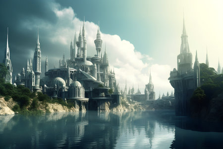 Fairy tale castle on the river. Fantasy fantasy landscape. 3D renderingの素材