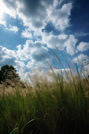 Grass field with blue sky and white clouds, nature background.の素材