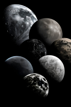 Moon phases on a black background. 3d render. Space.の素材