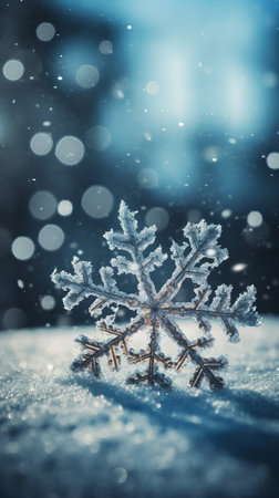 Snowflake on snow with bokeh background. Christmas card.の素材