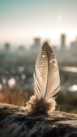 feather of a bird on a background of the city at sunsetの素材