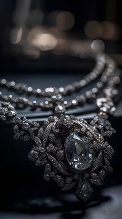 Necklace with precious stones on a black background, close upの素材