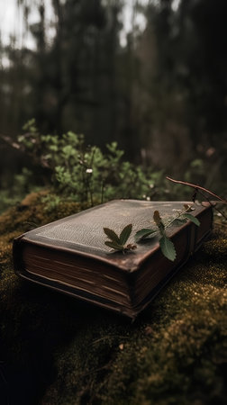 Old book on moss in the forest. Vintage style. Selective focus.の素材