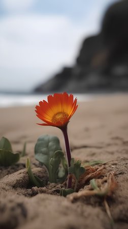 Calendula flower on the beach with the sea in the backgroundの素材