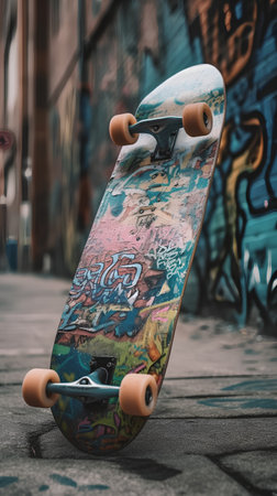skateboard in front of graffiti wall, extreme sport and urban cultureの素材